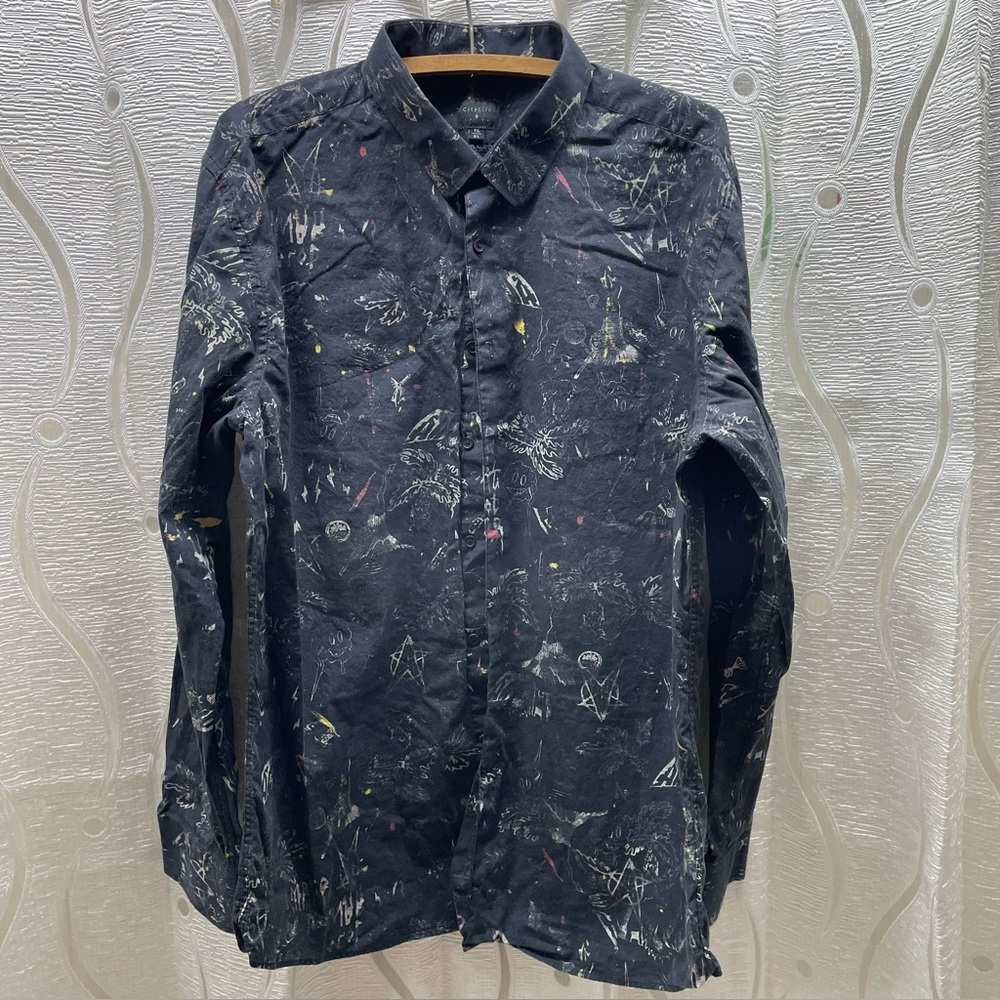 CityLife Button Down Shirt Mens Black Doodle Graffiti Print Slim Fit Excellent‎